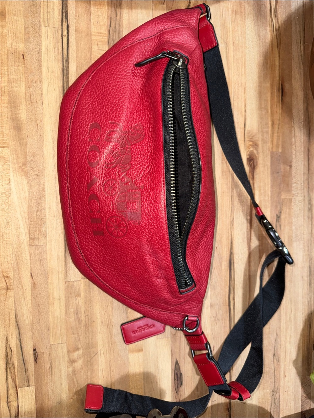 Vintage Authentic Coach Red Pebbled Leather Waist Bag with Black Strap